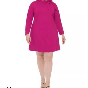 Calvin Klein Long Sleeve Tie-Neck Shift Dress in Red